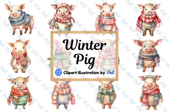 Adorable Christmas Pig Clipart & Illustrations