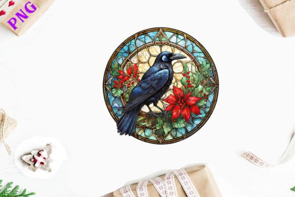 American Crow Christmas Stained Glass Illustrations