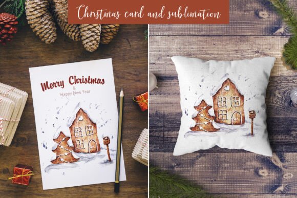 Christmas Card with Gingerbread, Watercolor Illustrations