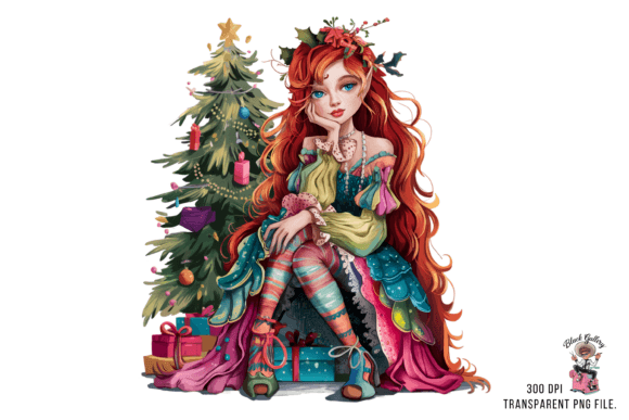Christmas Elf Girl with Tree PNG Clipart for Illustrations