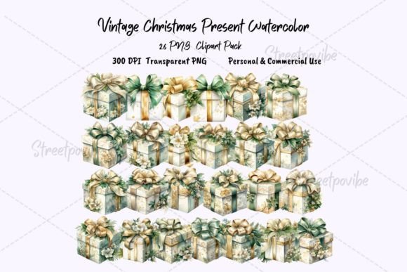 Christmas Gift Box Watercolor Clipart PN Illustrations