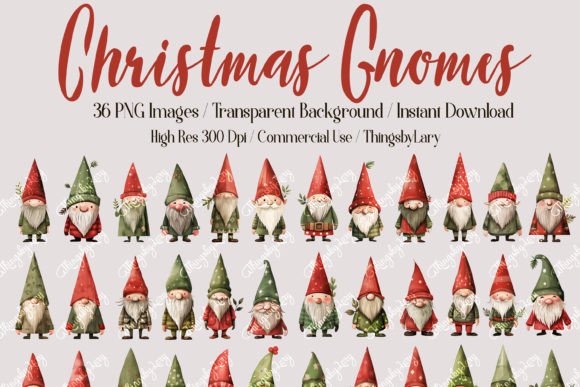 Christmas Gnomes Green Red Theme PNG Illustrations