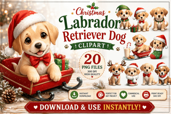 Christmas Labrador Retriever Dog Clipart for Illustrations