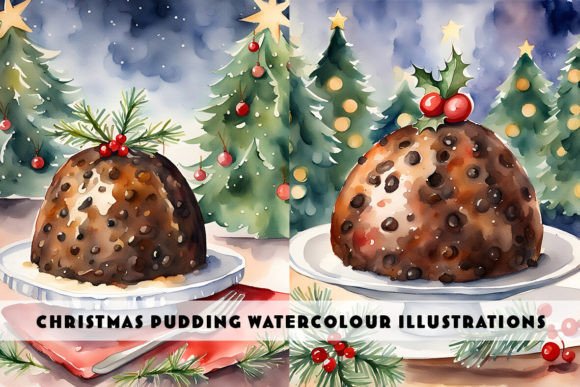 Christmas Pudding Watercolour Duo Illustrations