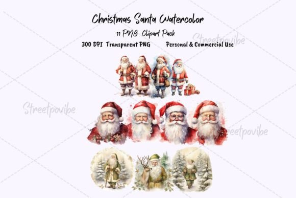 Christmas Santa Watercolor Clipart PNG & Illustrations