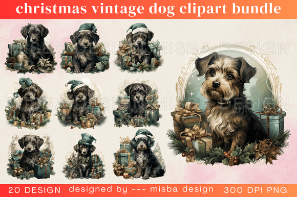 Christmas Vintage Dog Clipart Bundle: Illustrations