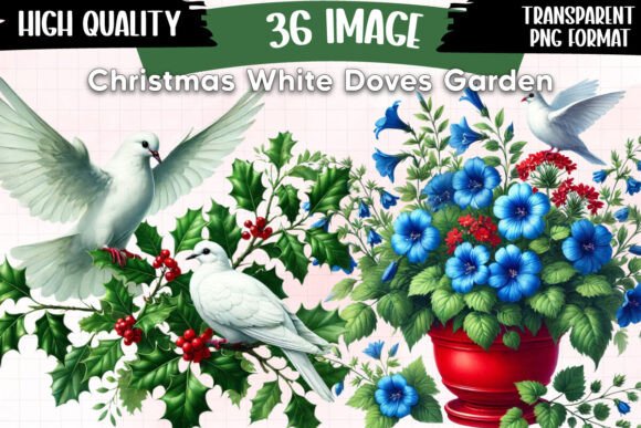 Christmas White Doves Garden Clipart: Elegant Illustrations