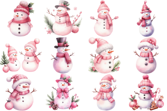 Pink Snowman Christmas Clipart: Unique Illustrations